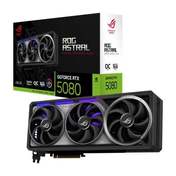 ASUS ROG Astral GeForce RTX 5080 OC Edition graphics card with retail box